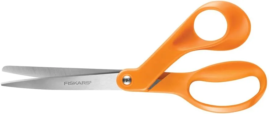 Fiskars sewing scissors with orange handle.