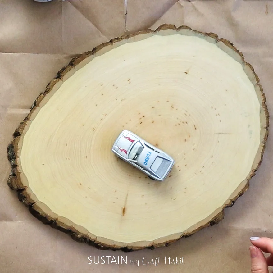Wood slice and a toy car.