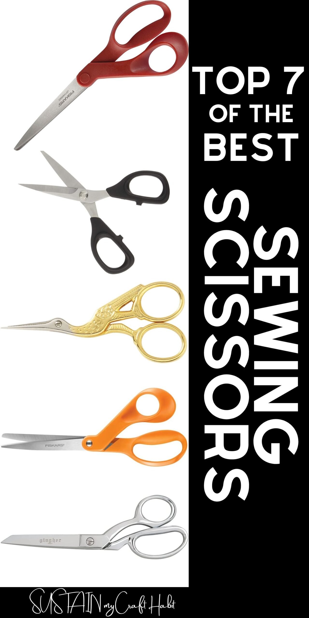 Collage of examples of some of the best sewing scissors for crafters.