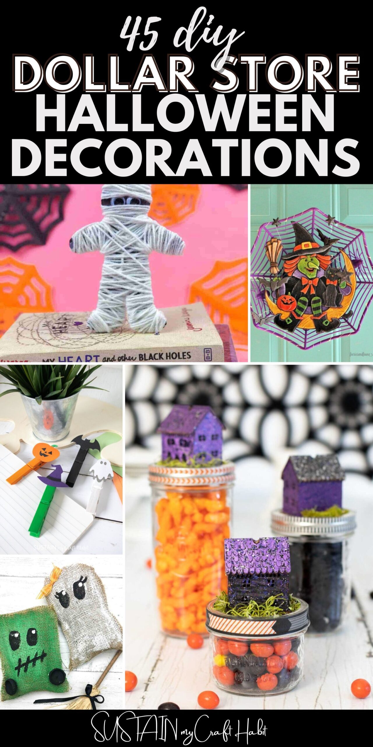 Collage of crafts to make for Halloween with dollar store supplies including character clothespins, burlap ghost and yarn mummy.