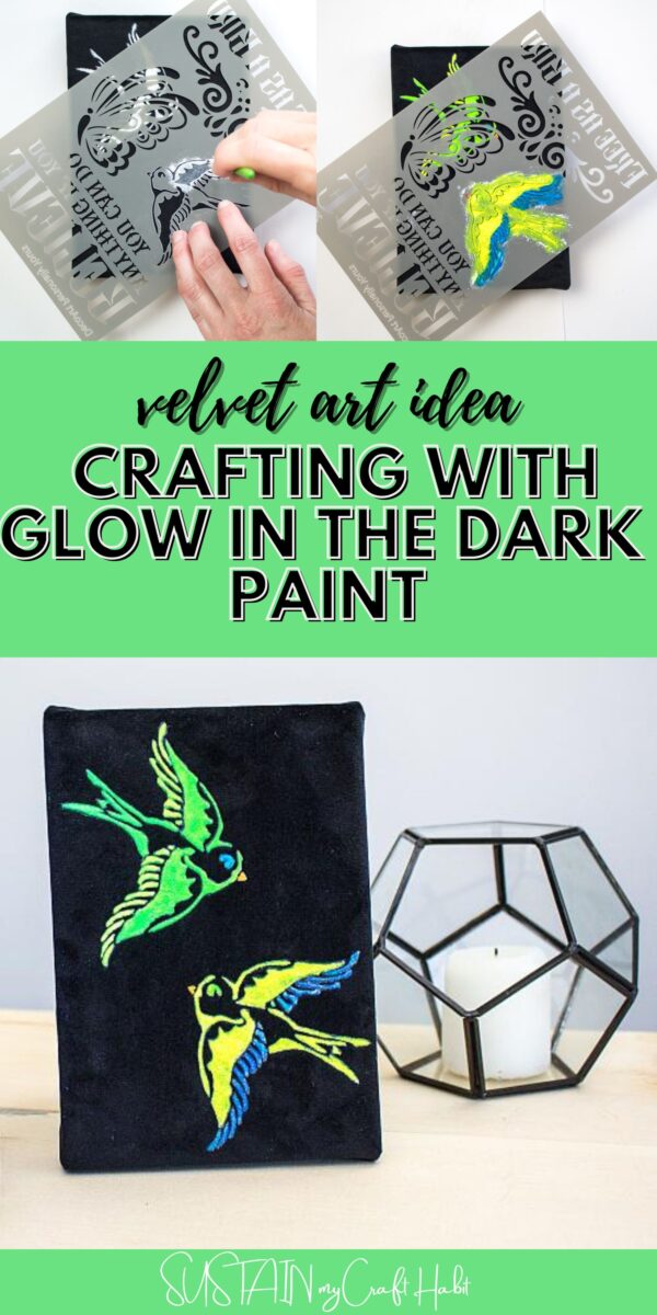 Collage showing the process of how to make a glow in the dark acrylic paint craft bird.