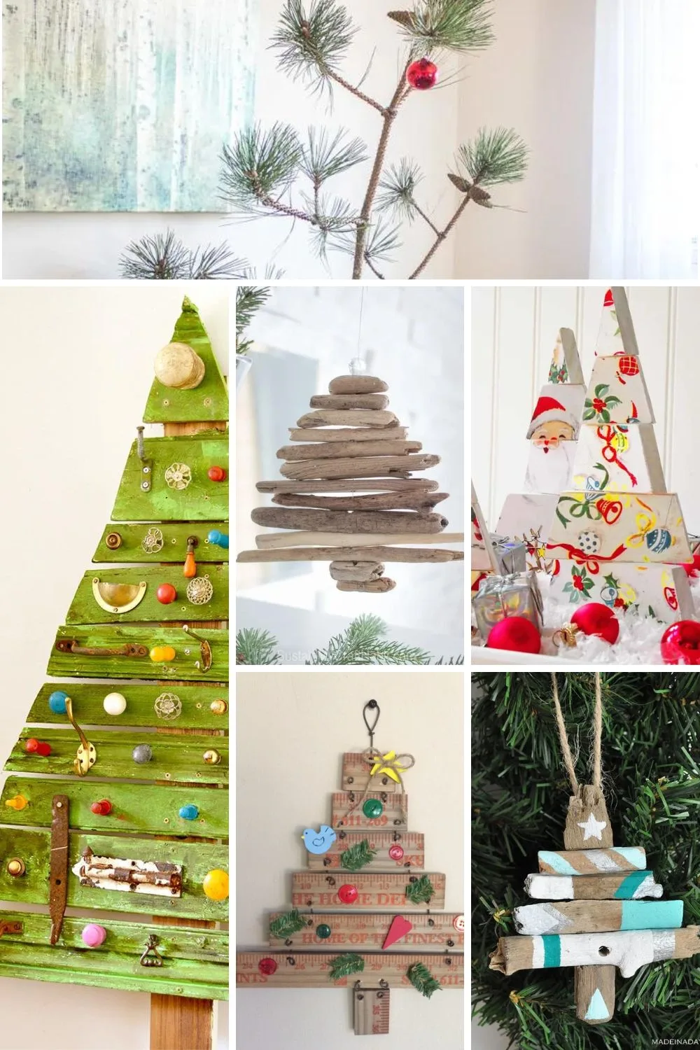 Collage of images as examples of wooden Christmas tree crafts including a pallet tree, driftwood ornaments, scrap wood trees and more. 