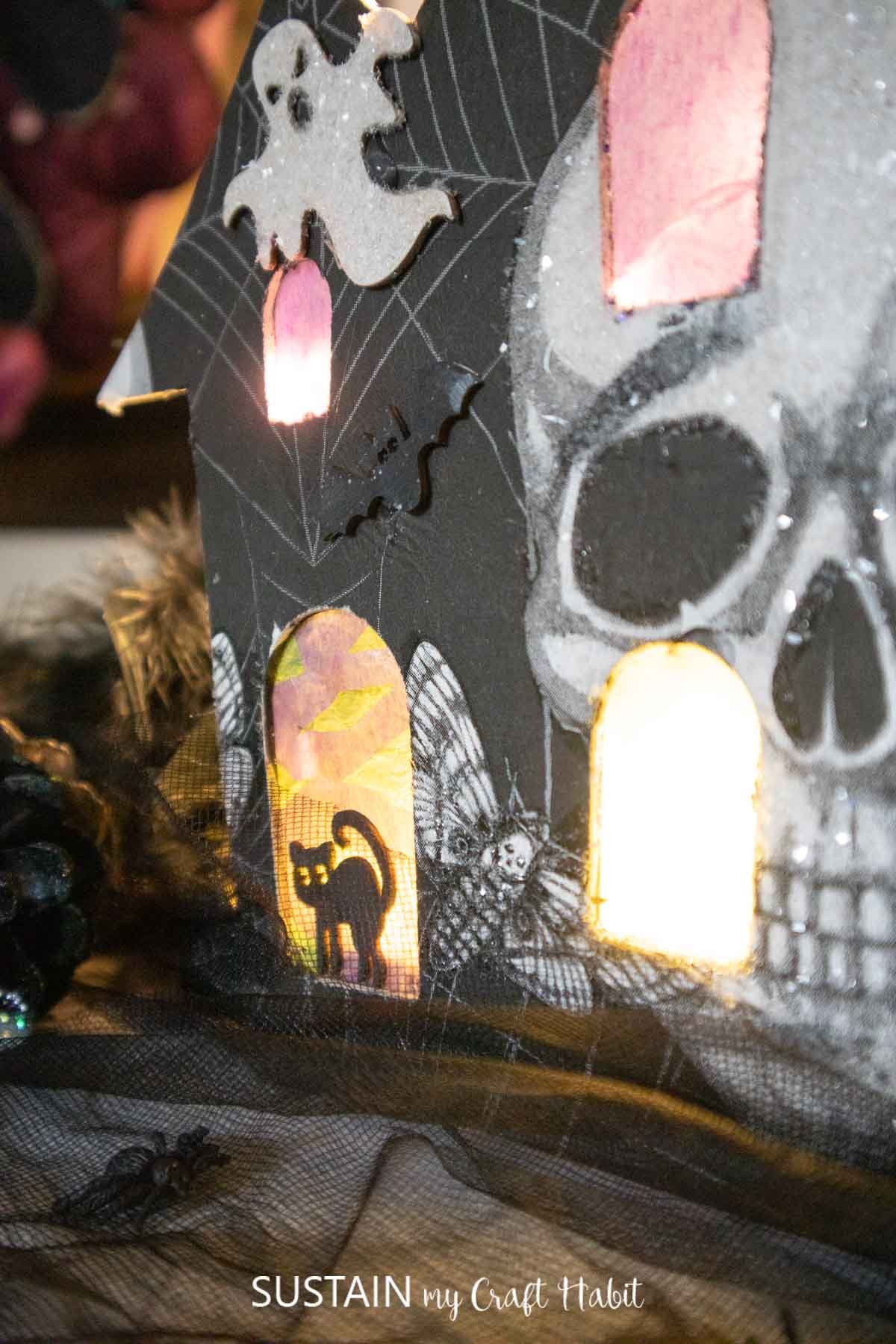 Close up of the finished Halloween house craft.
