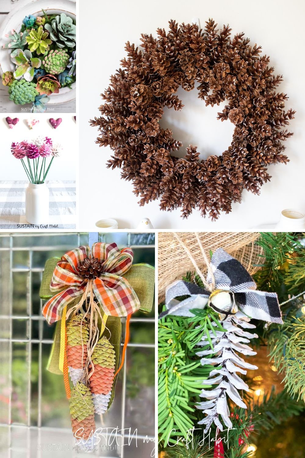 Collage of pine cone crafts including a wreath, pinecone flowers, door hanger and ornaments.