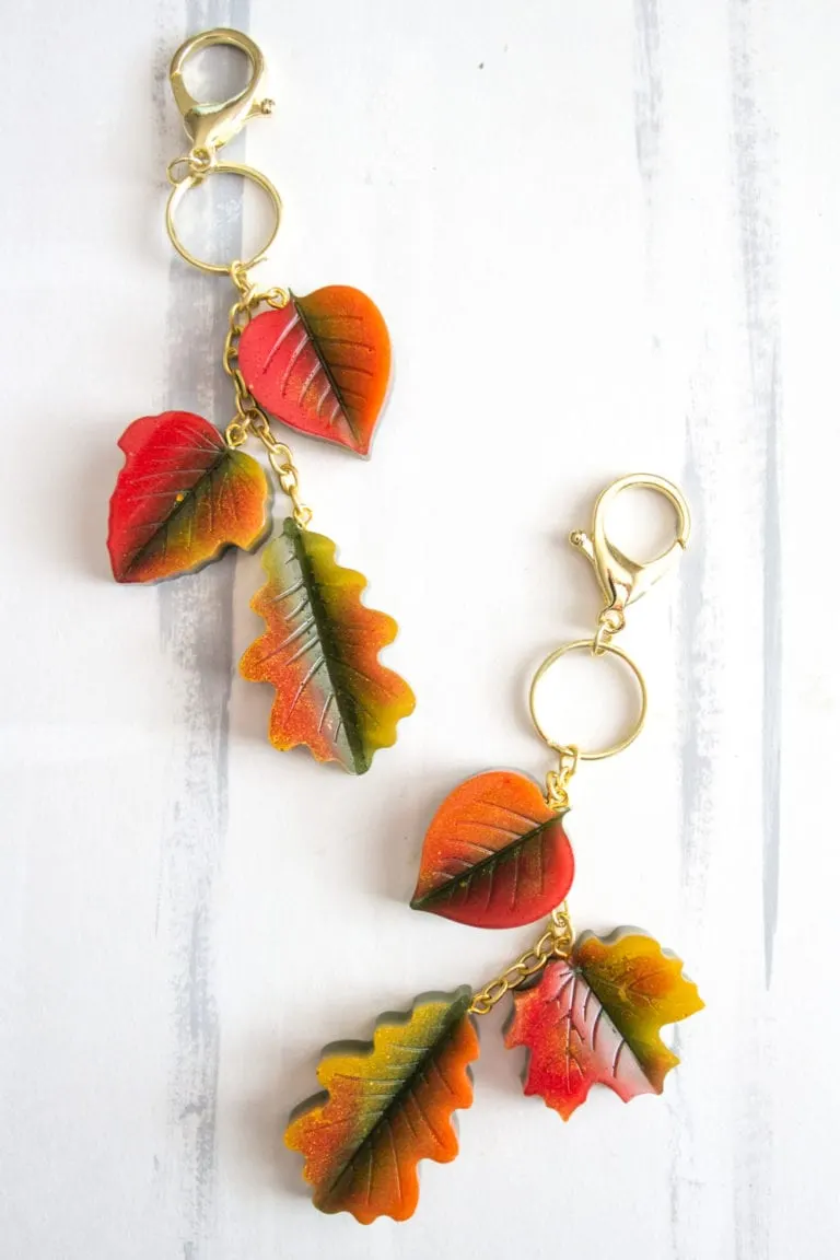 DIY colorful fall leaf keychains made with leaf silicone molds from Michaels craft store.
