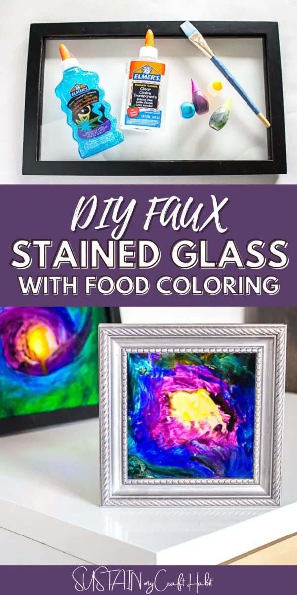 Collage of faux stained glass art made with food coloring in a frame with text overlay.