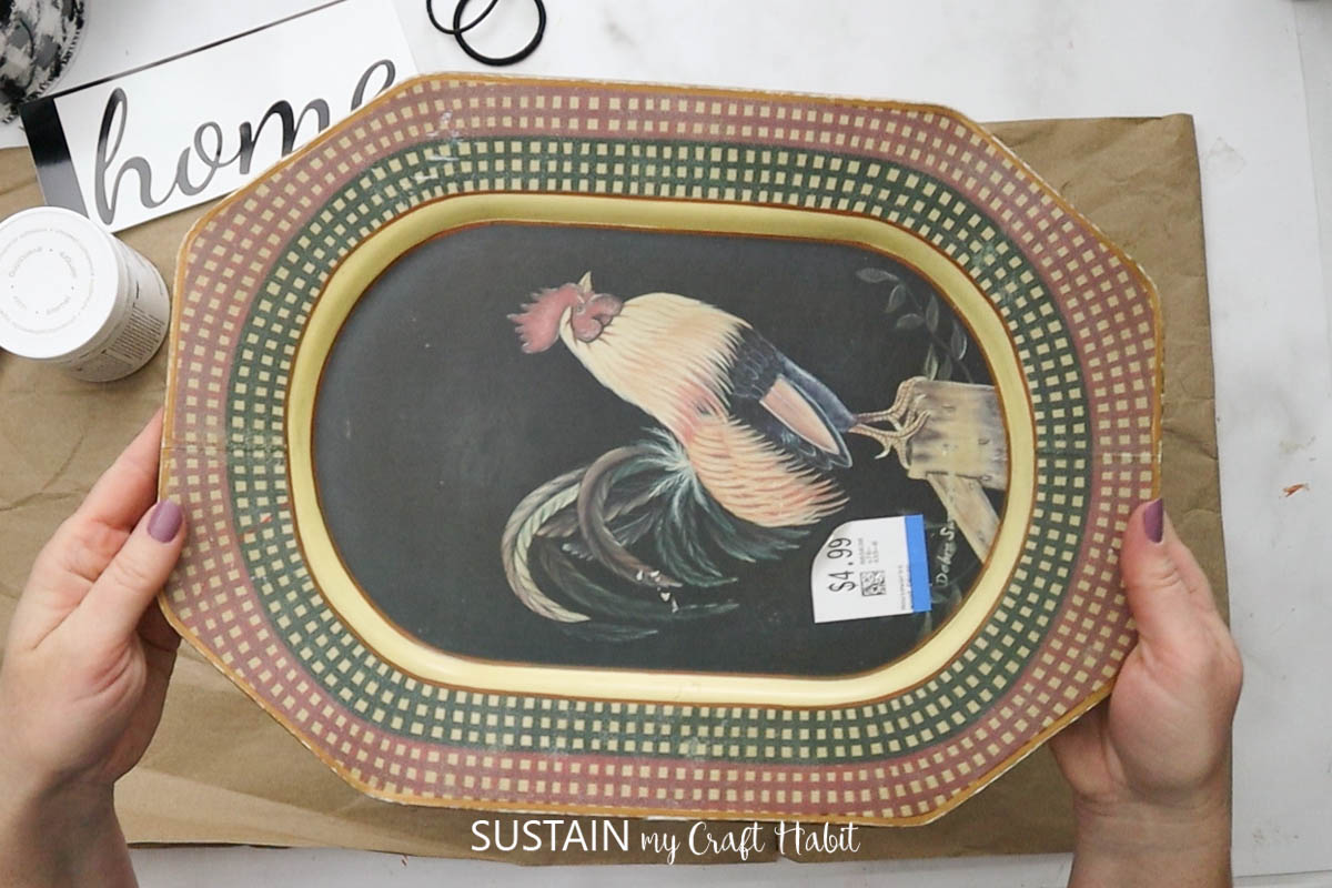 Thrift store platter with a picture of a rooster.