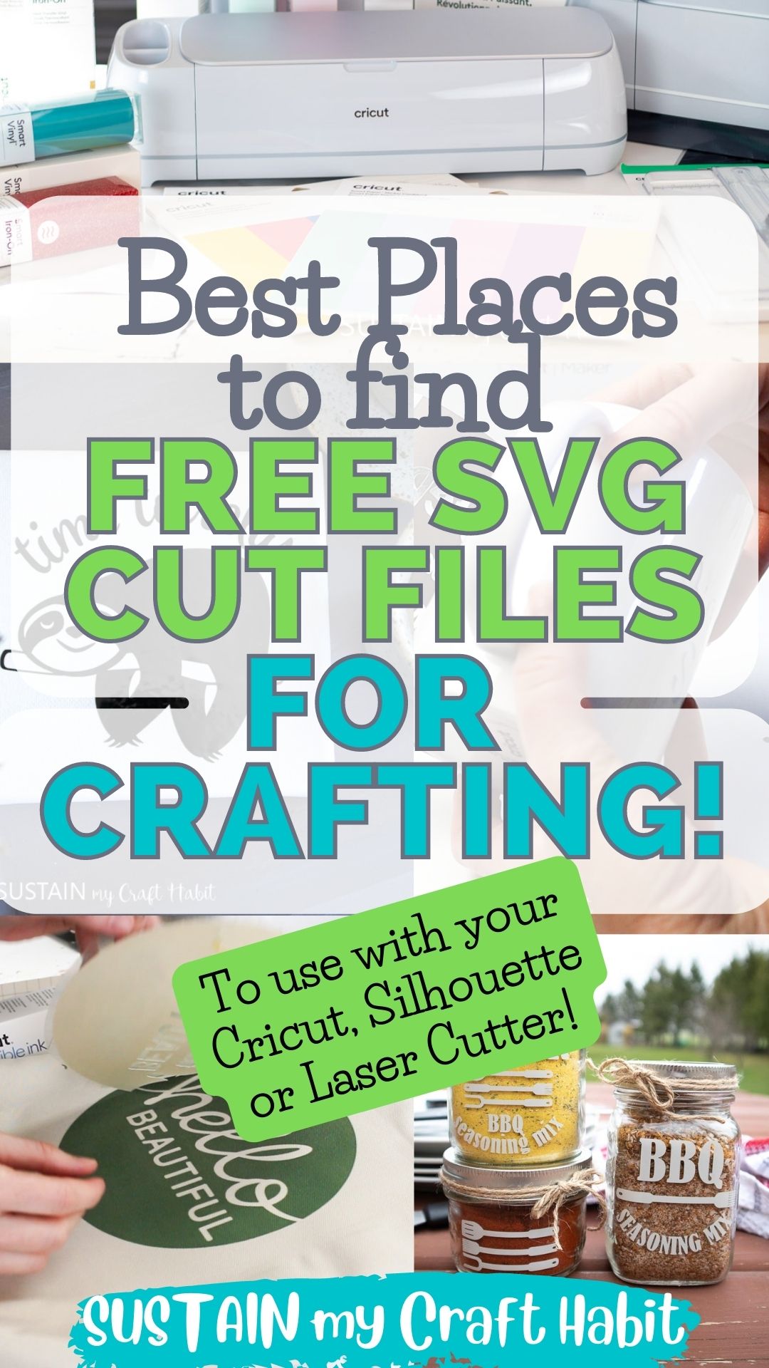 Collage of images include a Cricut Maker 3 and examples of projects with SVG cut files.