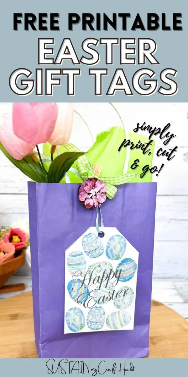 Easter gift tag attached to a gift bag with text overlay.