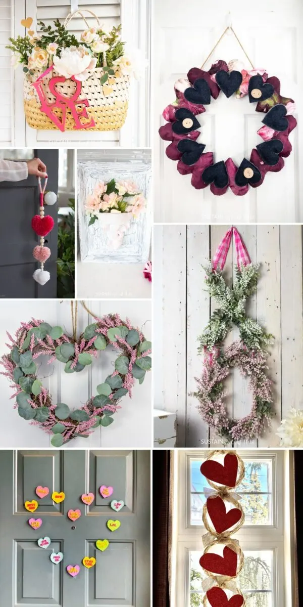 Collage of images showing creative DIY Valentine Door decor.