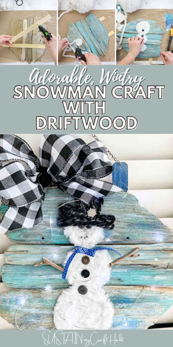 Collage showing how to make a wintry snowman craft on a painted driftwood sign.