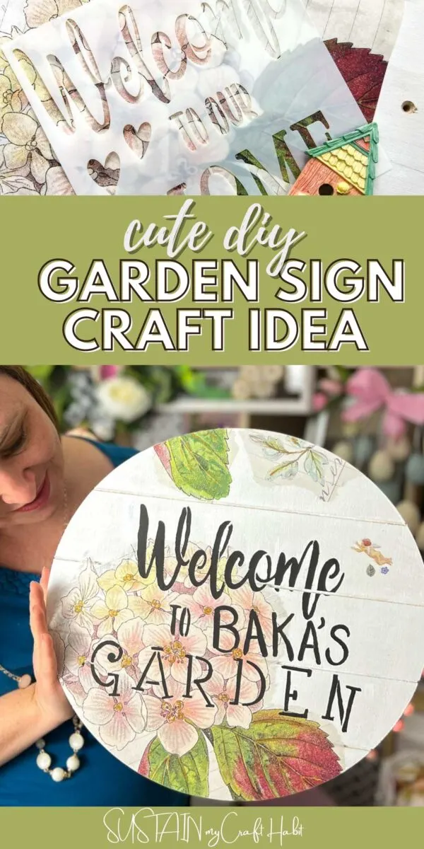 Collage with materials and woman holding a finished garden sign.