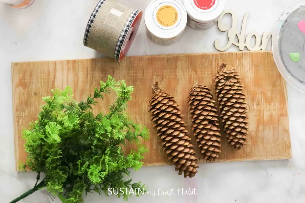 Materials needed to make a carrot craft including wood, pinecones, greenery, paint and ribbon.