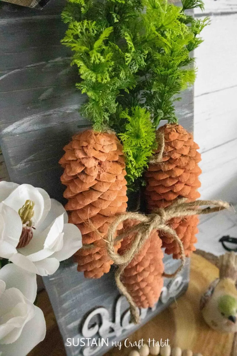 Pinecone carrot sign decorated with ribbon, twine, greenery and pinecones.