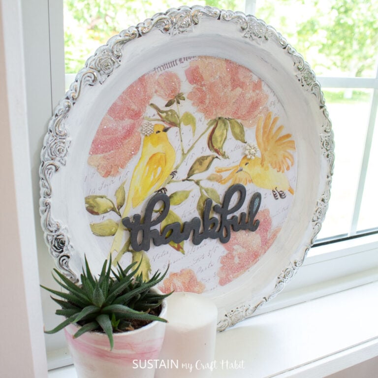 Repurposed Silver Platter Thankful Sign