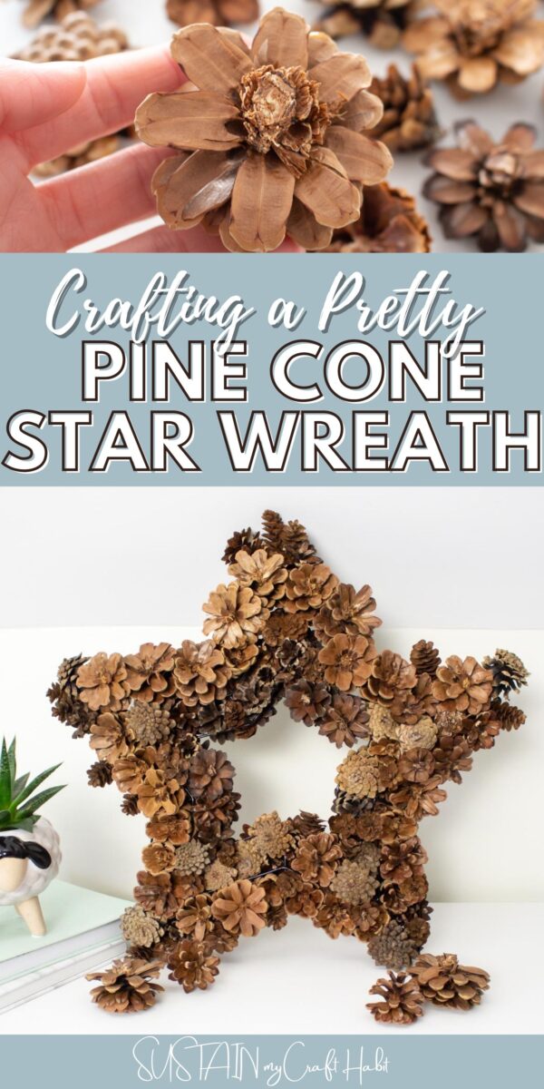 Collage showing pine cone flowers and a competed star wreath with text overlay.