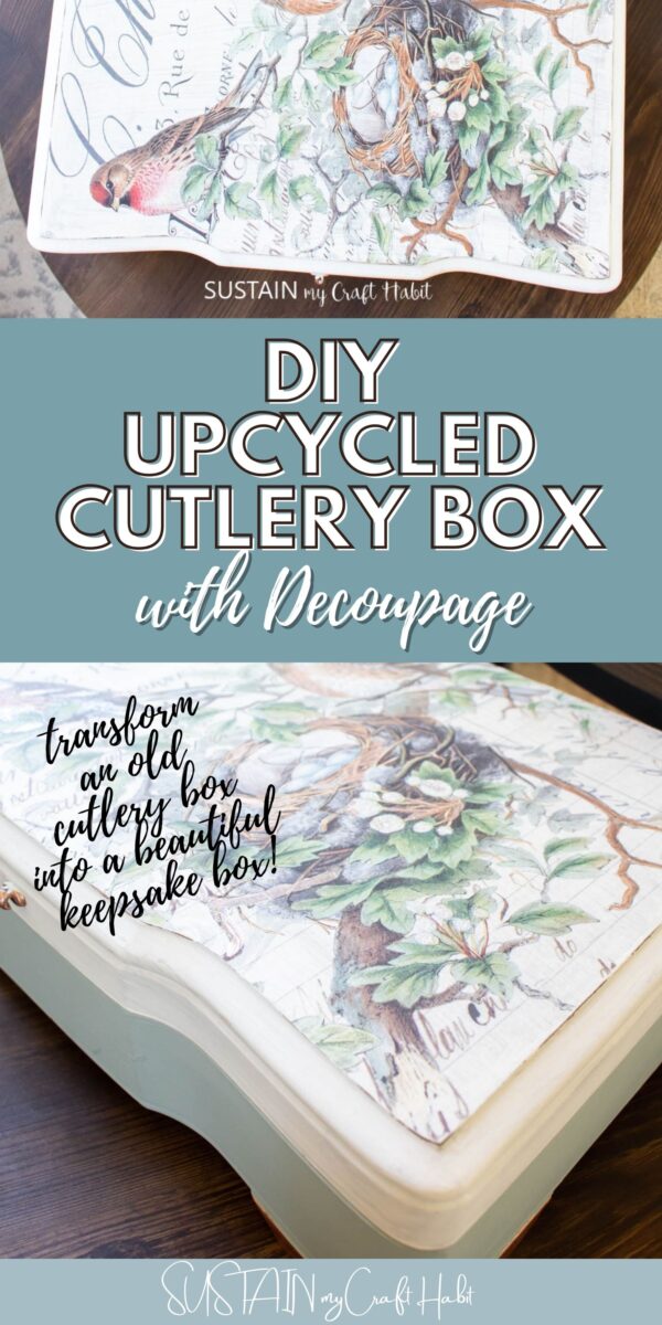 Collage of an upcycled cutlery box with text overlay.