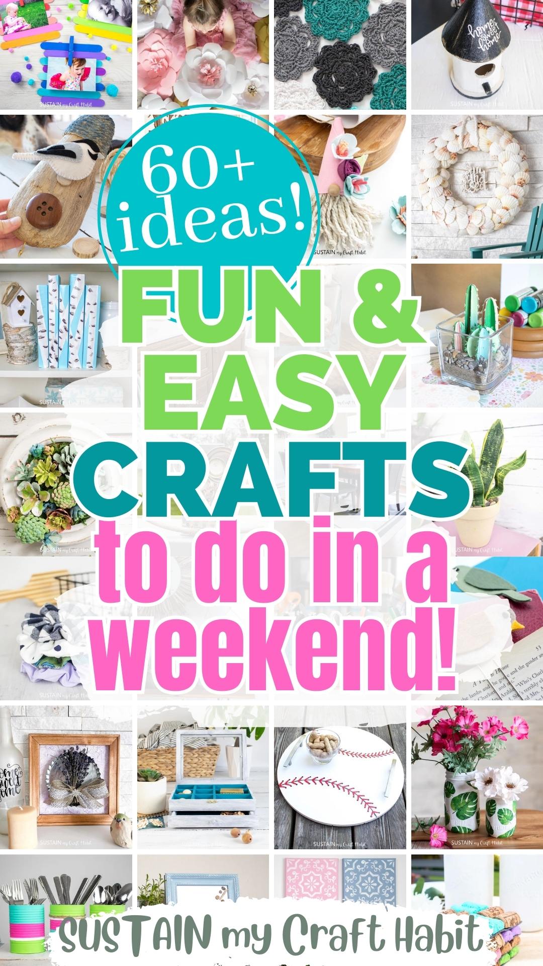 Collage of images of fun and easy craft ideas for adults such as paper craft, upcycling projects and more.