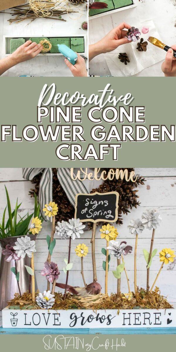 Collage showing how to make a decorative pine cone flower garden, including text overlay.