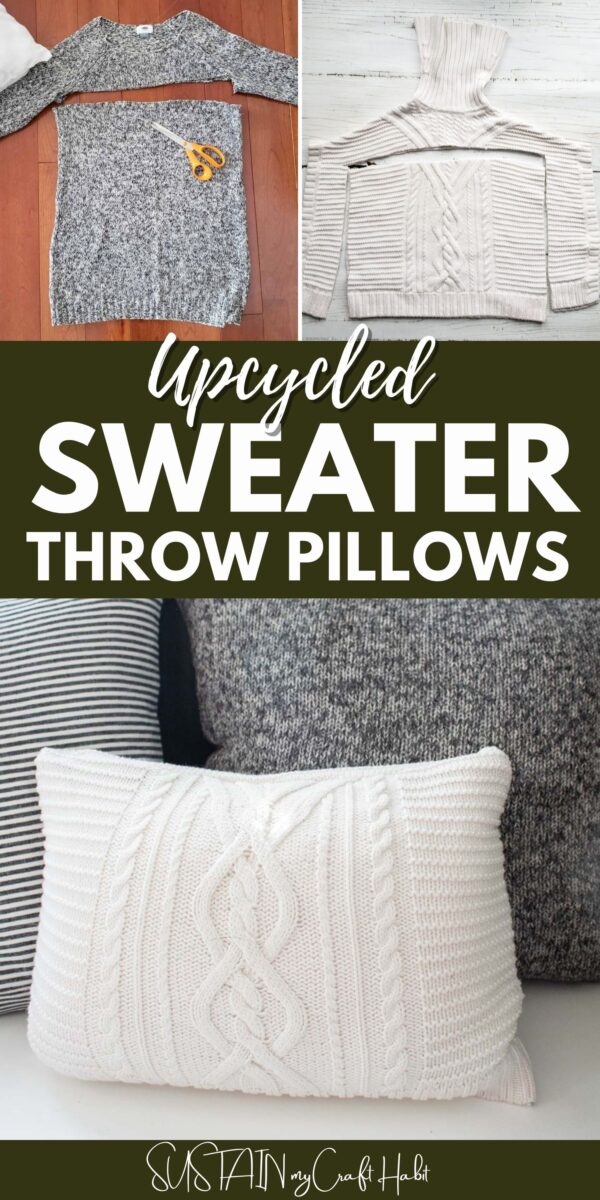 graphic showing diy throw pillows using sweaters