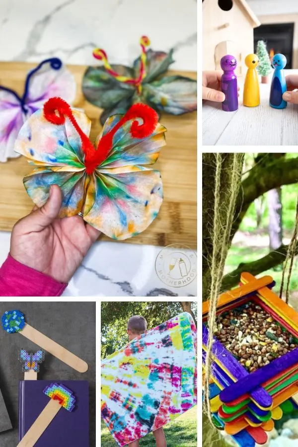 Collage of images of crafts to do with kids including coffee filter butterflies, bird feeders and tie dye blankets.