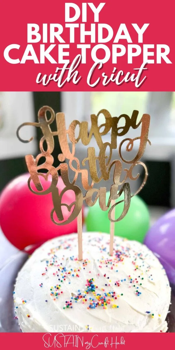 Gold birthday cake topper with text overlay.
