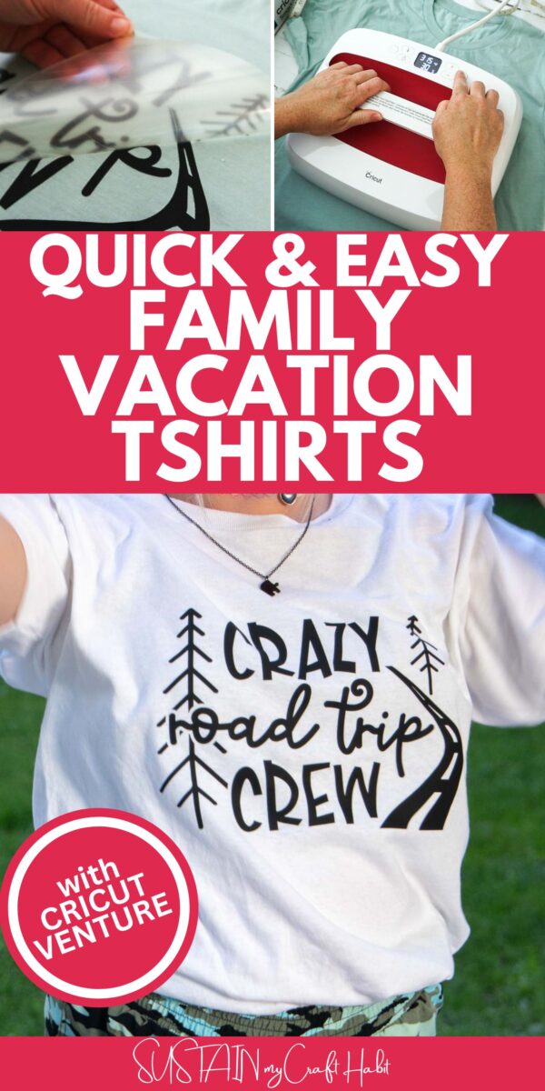 Collage showing process to make family vacation tshirts.