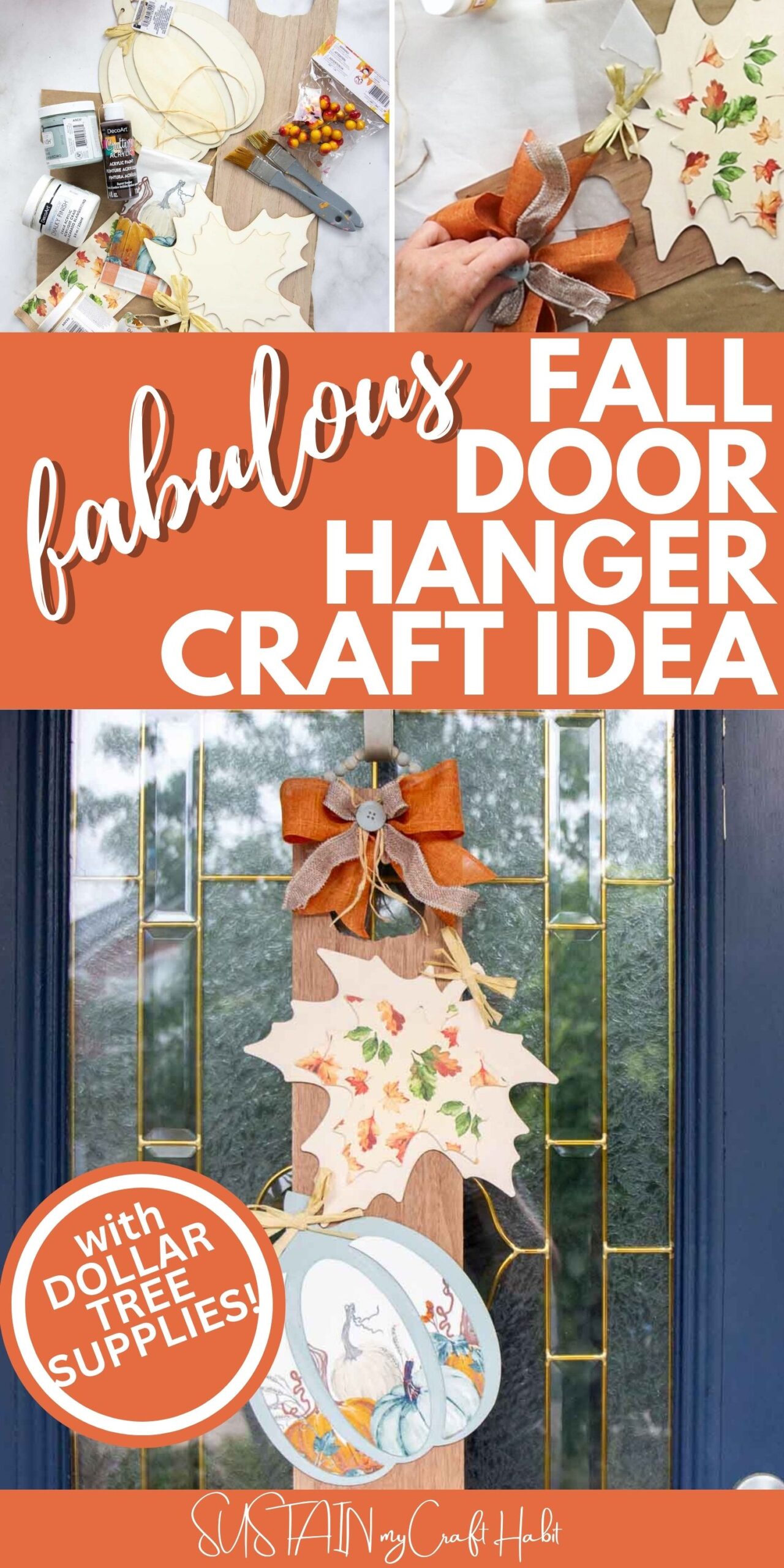 Collage showing how to make a fall door hanger, with text overlay.
