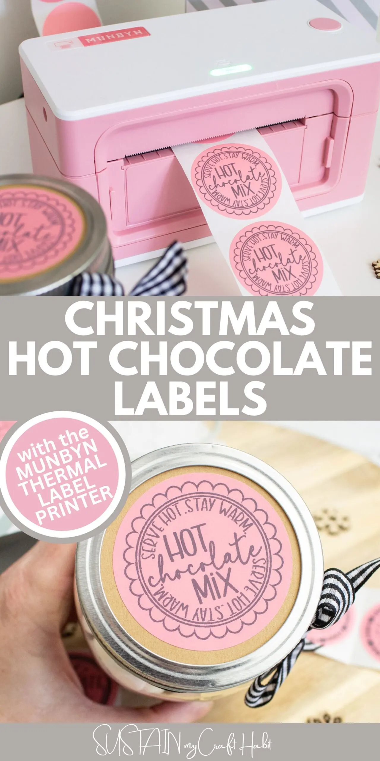 Collage of images showing DIY Christmas hot chocolate labels using the Munbyn thermal label printer.