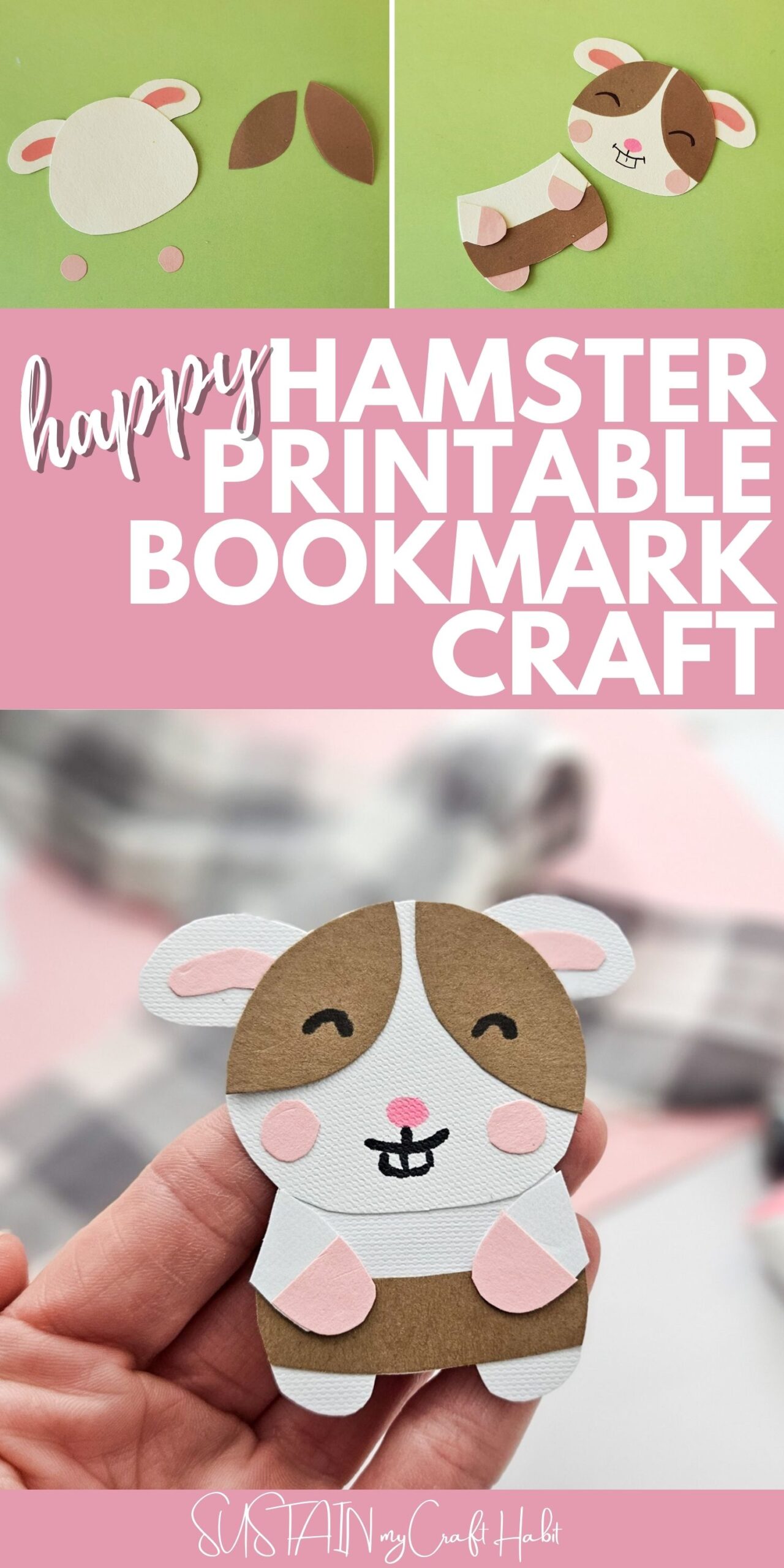 Collage with text overlay showing how to make a printable hamster bookmark.