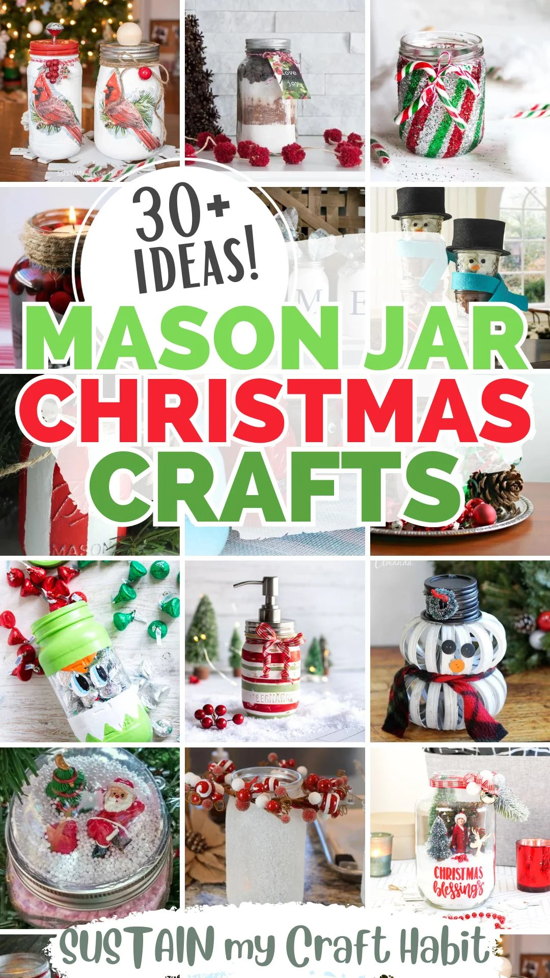 Collage of images showing completed Mason Jar Christmas crafts.