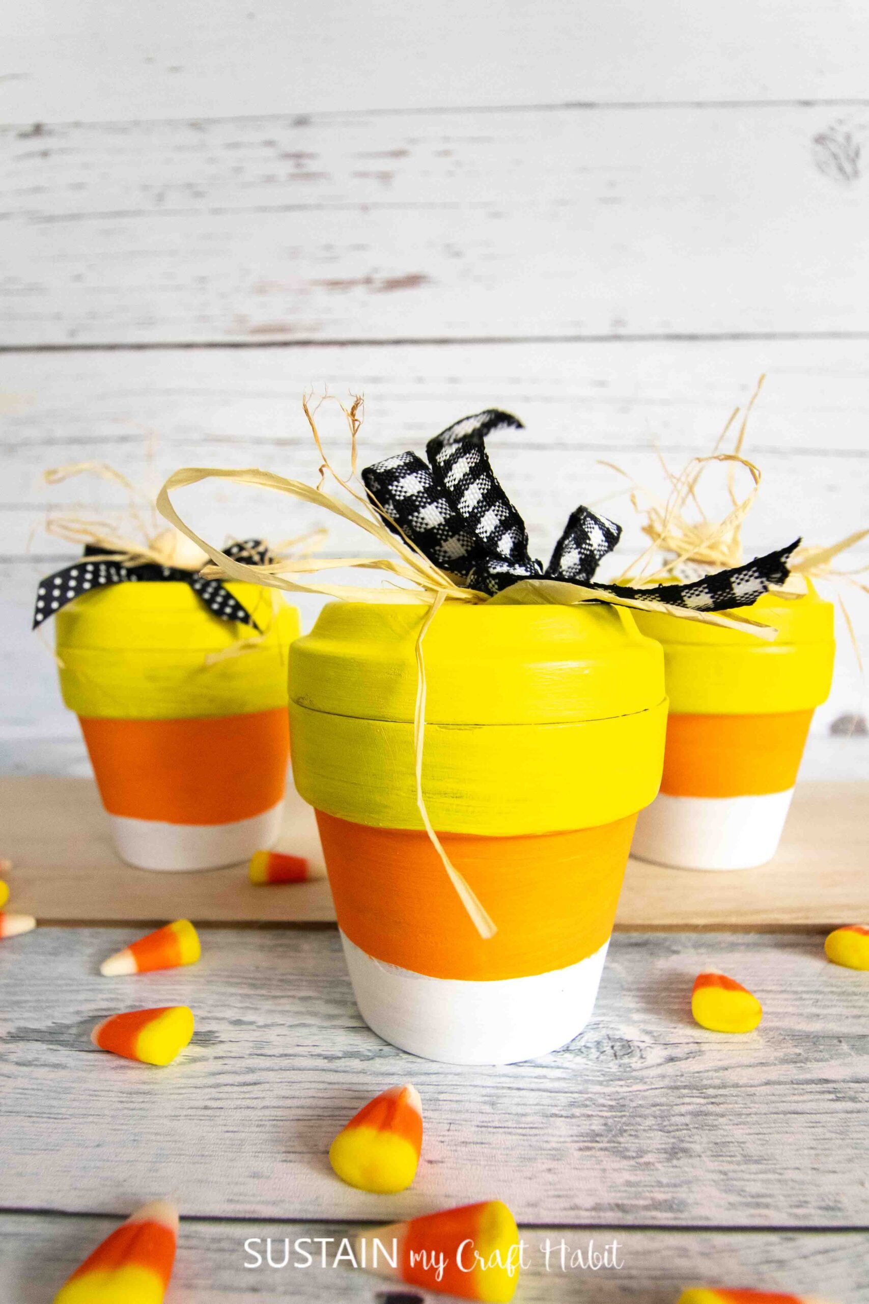 Clay pots painted into candy corn.