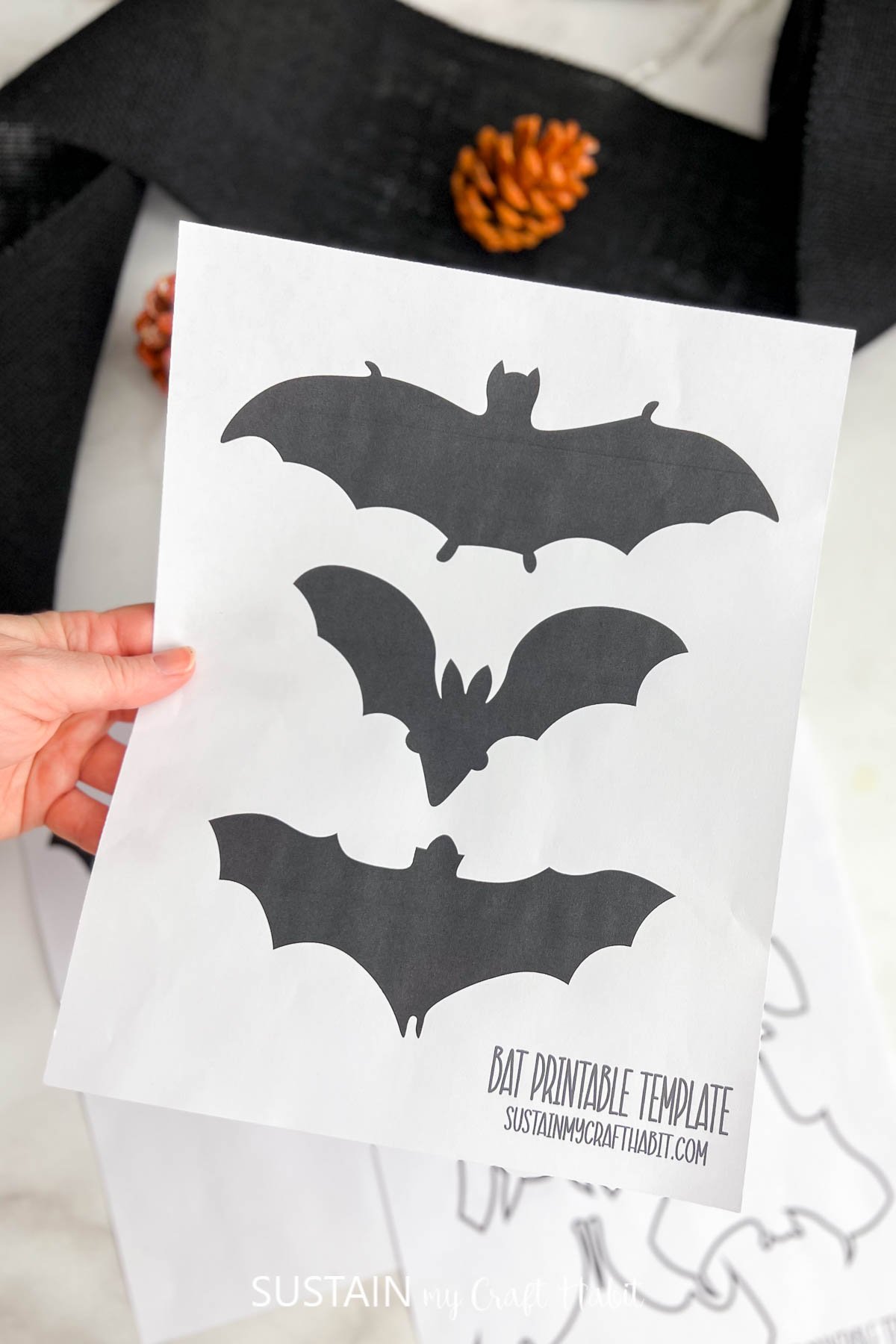 Printed paper with three small bat shapes.