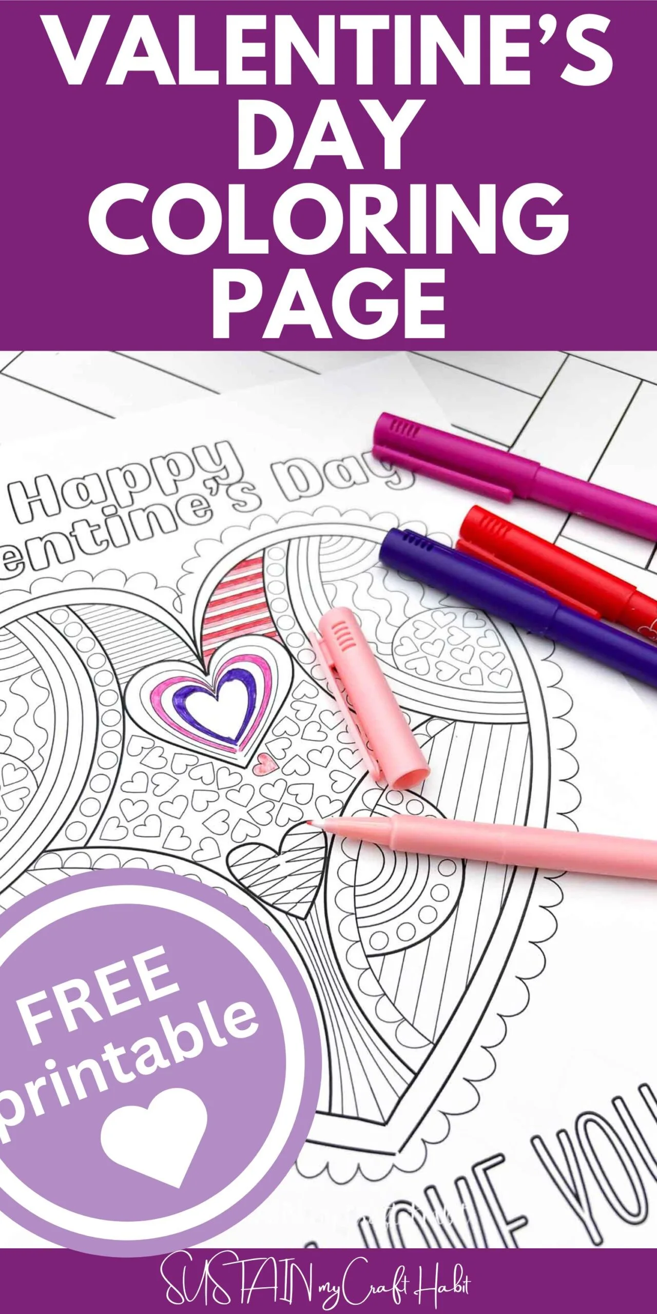 Valentine's day heart coloring page with text overlay.