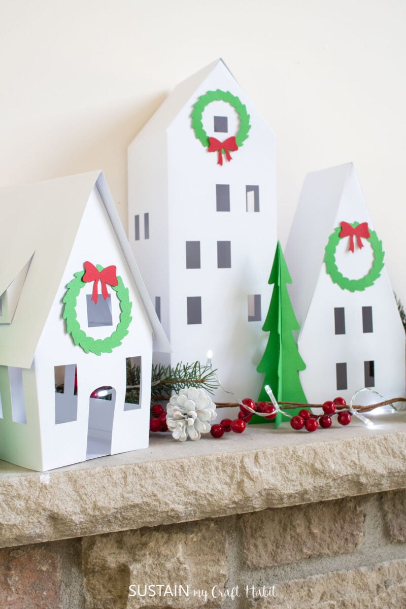 3D paper village on a mantle.