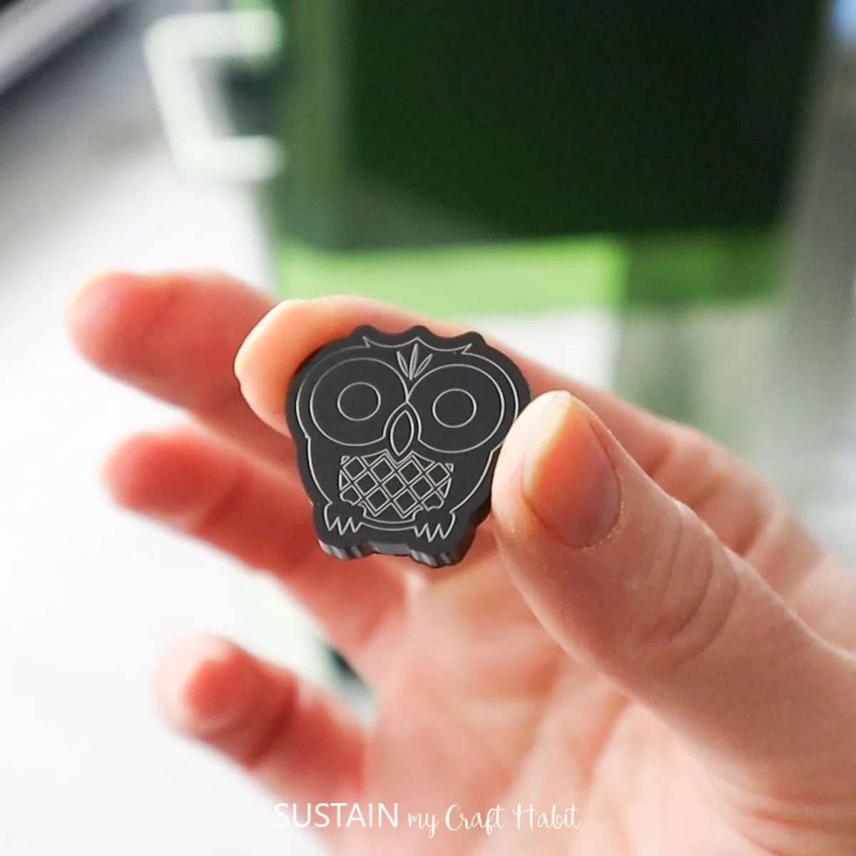 Hand holding an engraved acrylic owl.