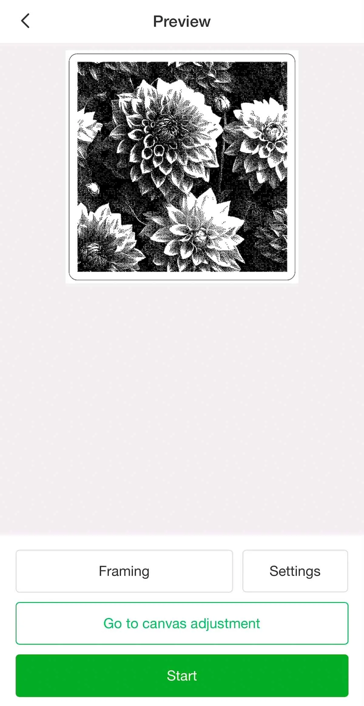 Selecting start button to engrave Dahlia pictures.