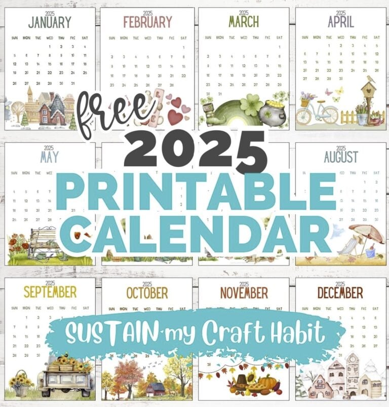Square image with monthly thumbnail images for twelve free 2025 printable calendar pages.