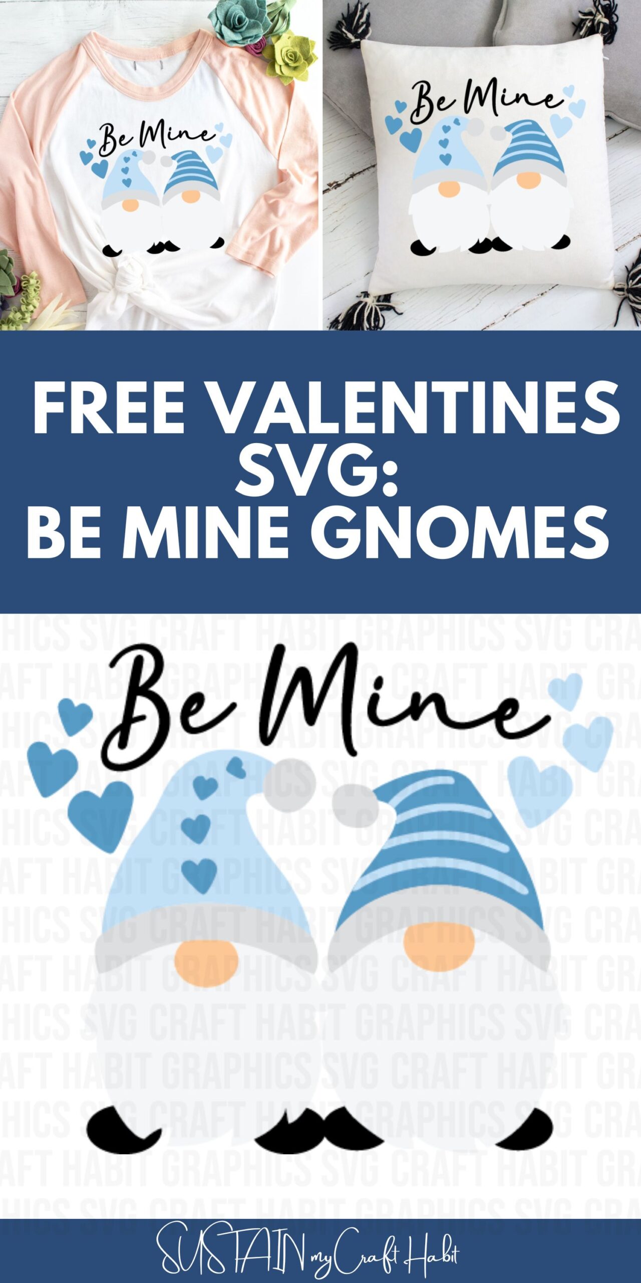 Collage with text overlay showing what you can make with a Valentine's day gnomes SVG file.