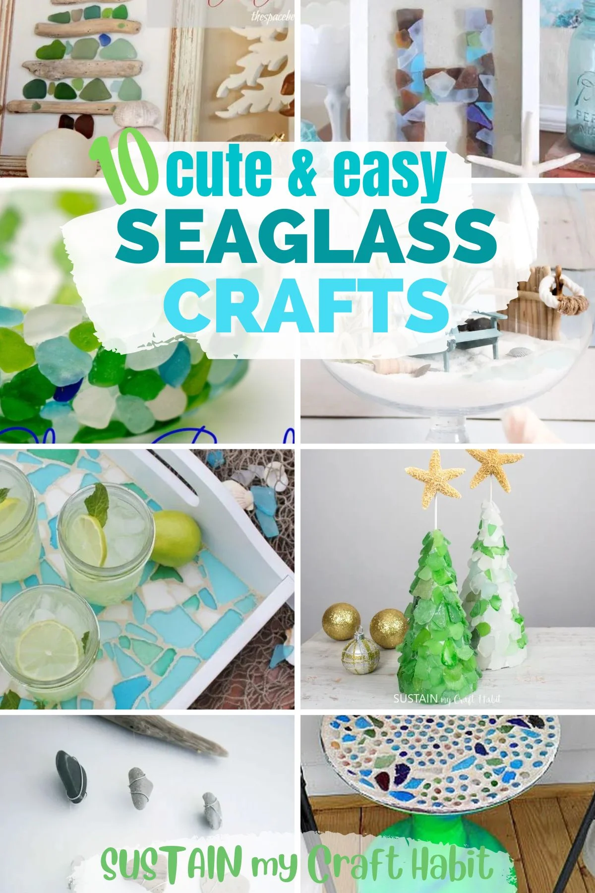 Collage of images showing several seaglass crafts to make.