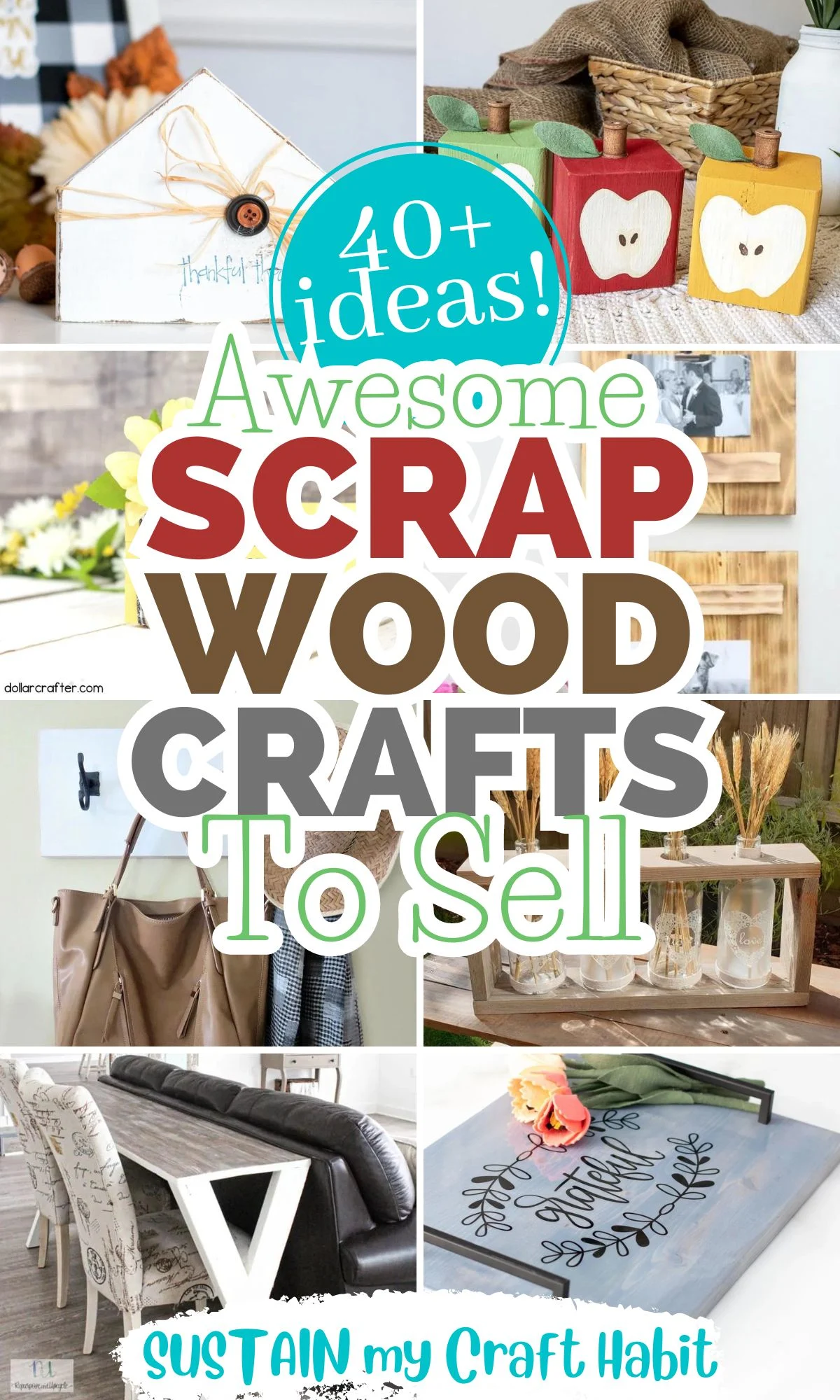 Collage of images as examples of DIY scrap wood projects that sell including home decor, toys, furniture and more.