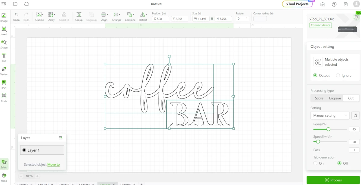 Uploading coffee bar svg onto xTool creative space.