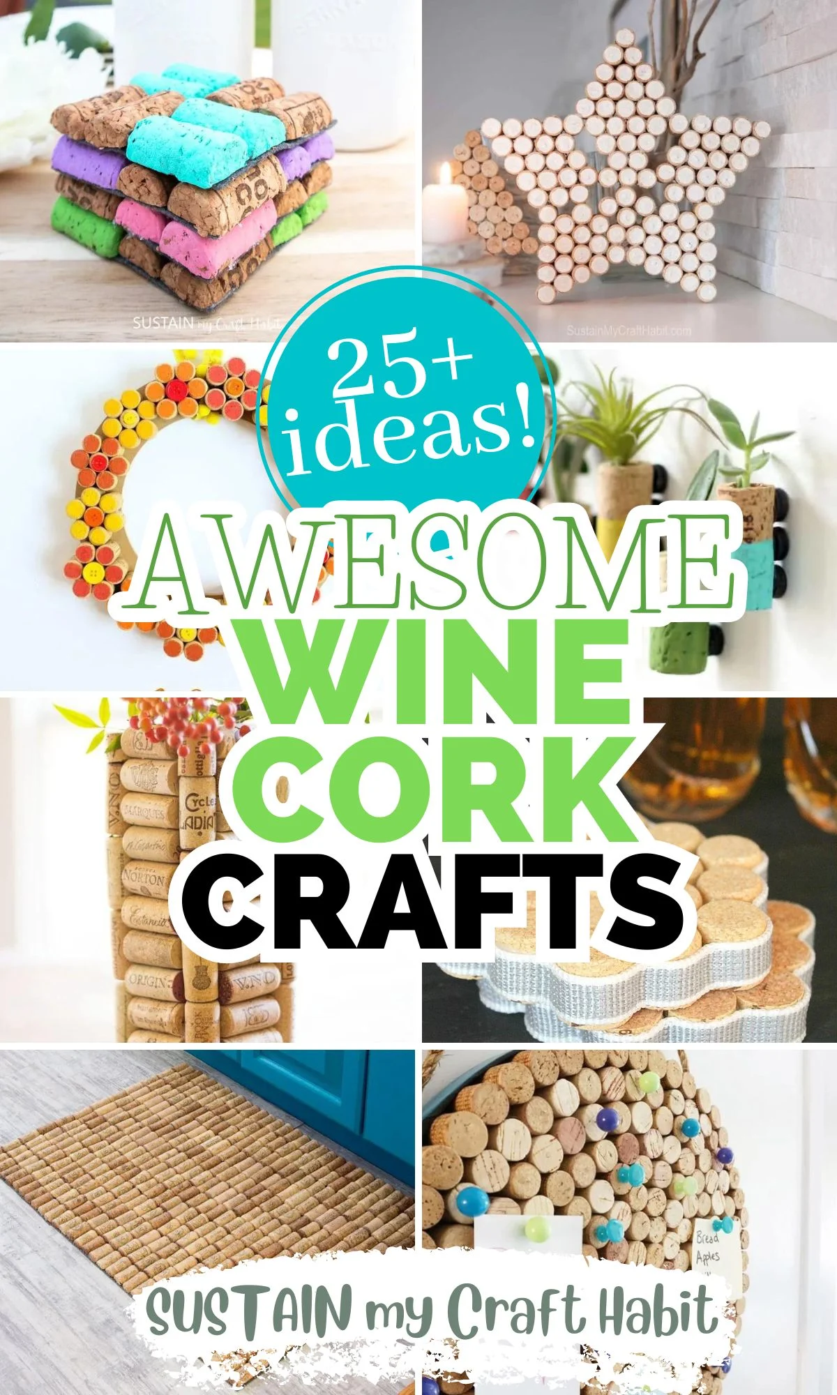 Collage of images showing easy wine cork crafts to make.