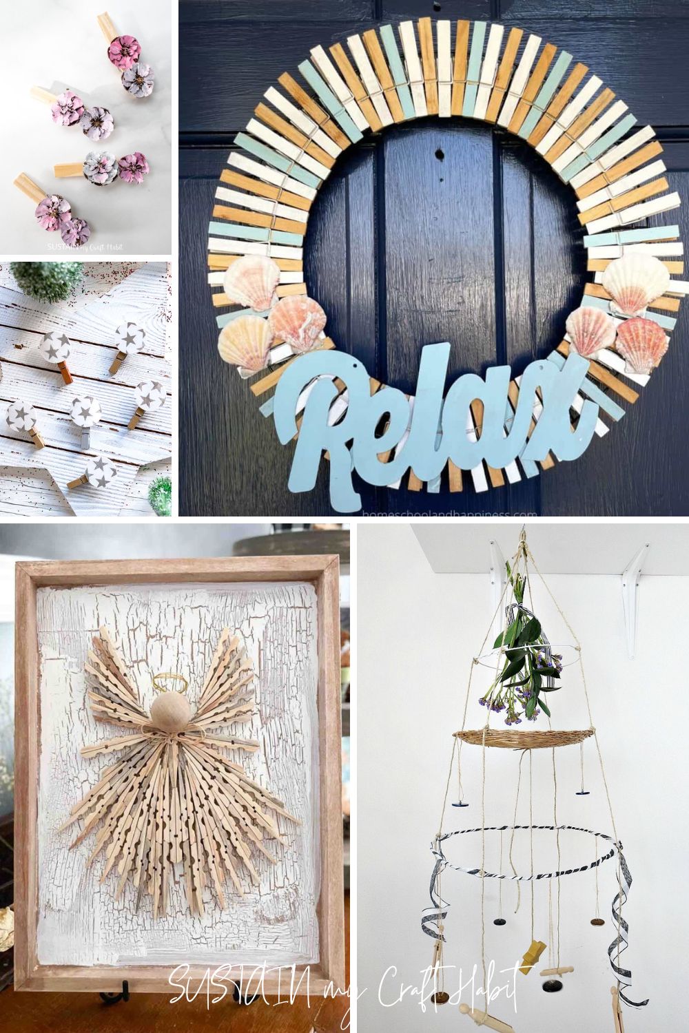 Collage of clothespin crafts including a beach themed wreath, clothes pin angel, decorative mobile and photo clips.