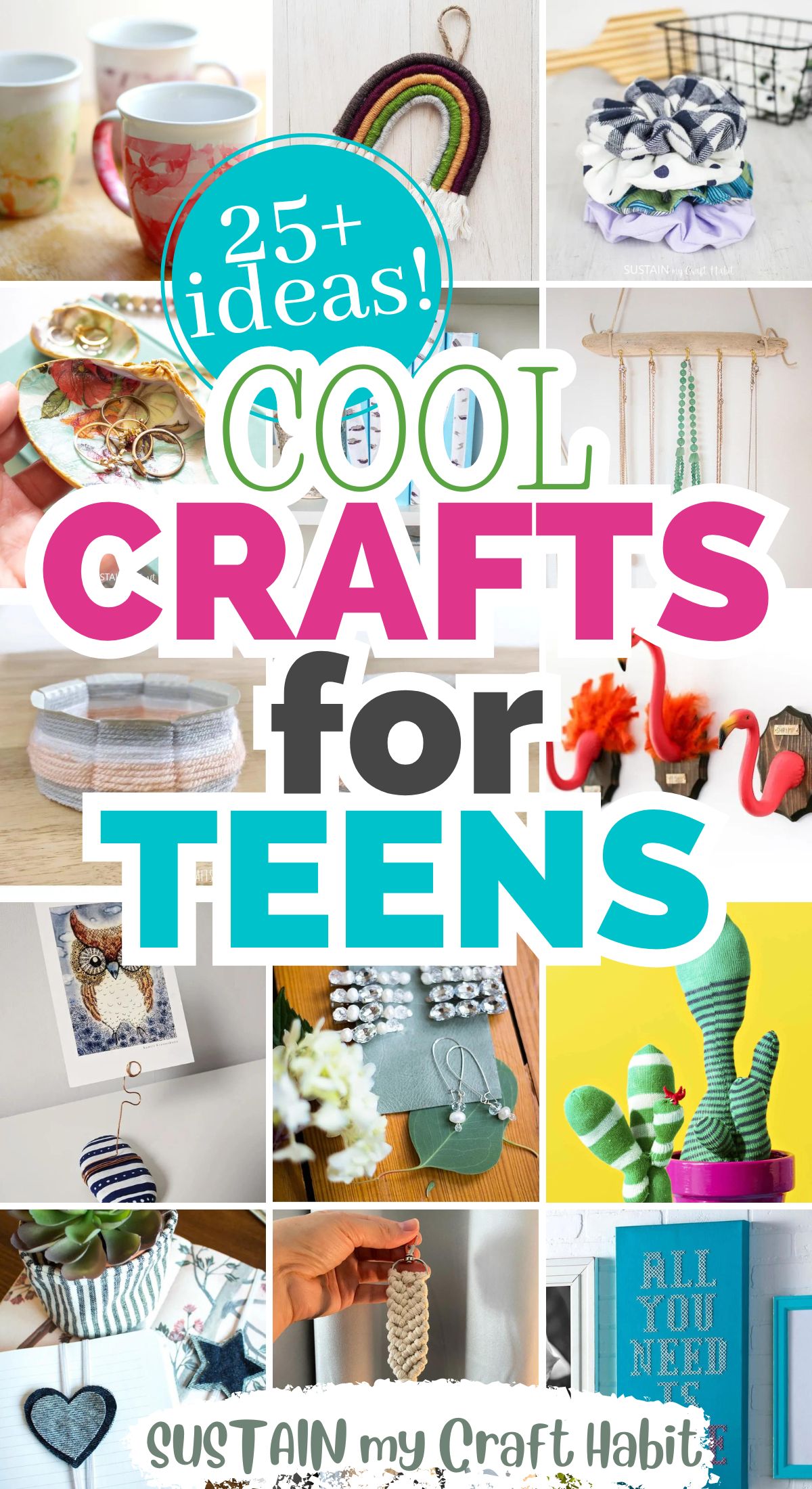 Collage of arts and crafts ideas for teenagers to make including painted mugs, macrame, bookmarks and more.