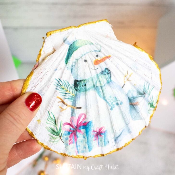 decoupage shell with snowman