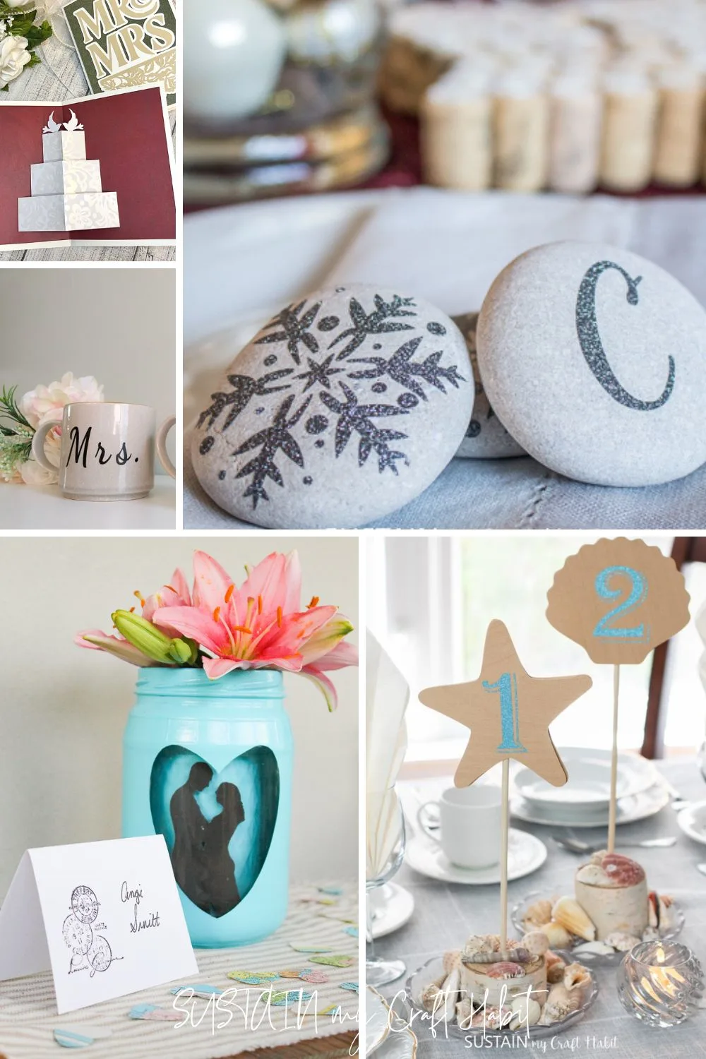 Collage of Cricut wedding projects including personalized mugs, place card ideas and table numbers.