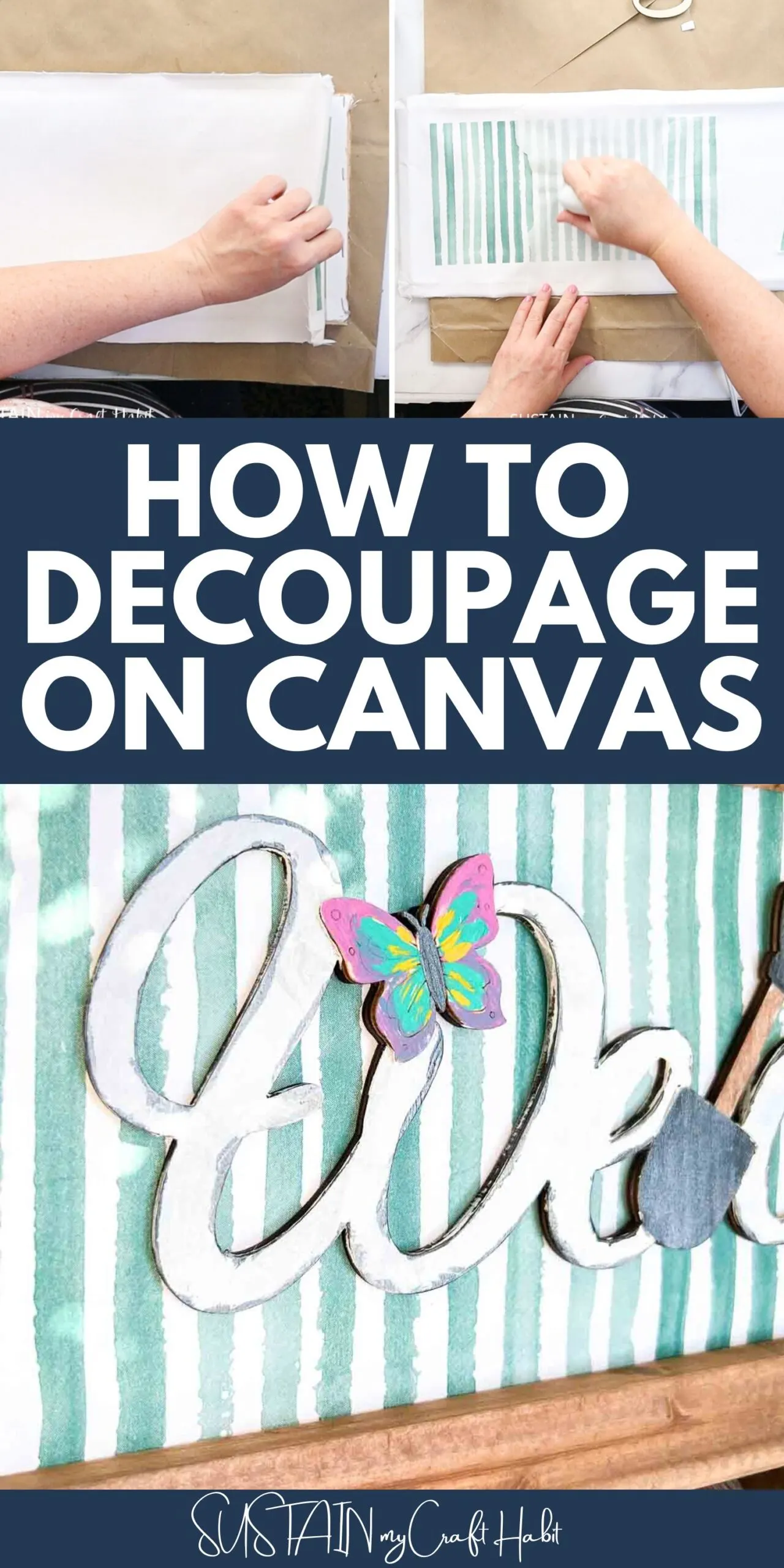 Collage with text overlaying showing to make a decoupage sign on a reverse canvas.