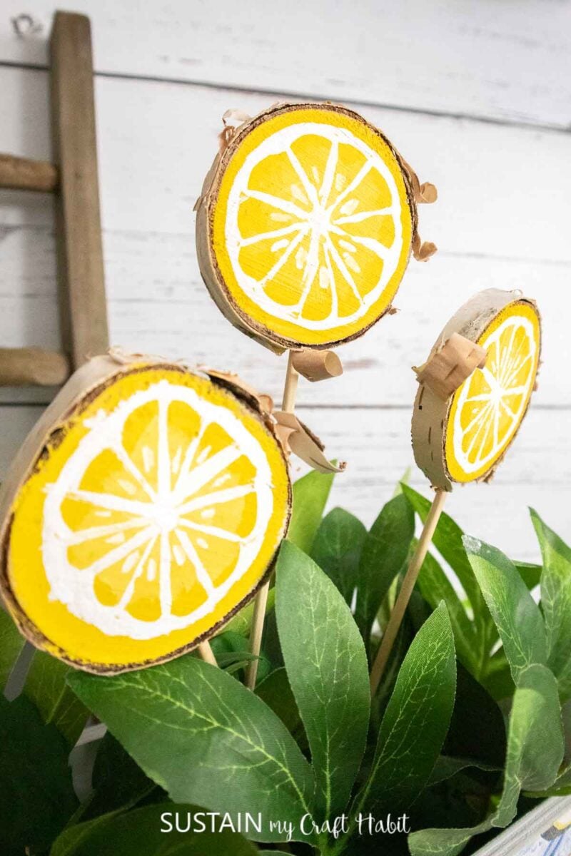 Wood slices painted as lemon wedges.