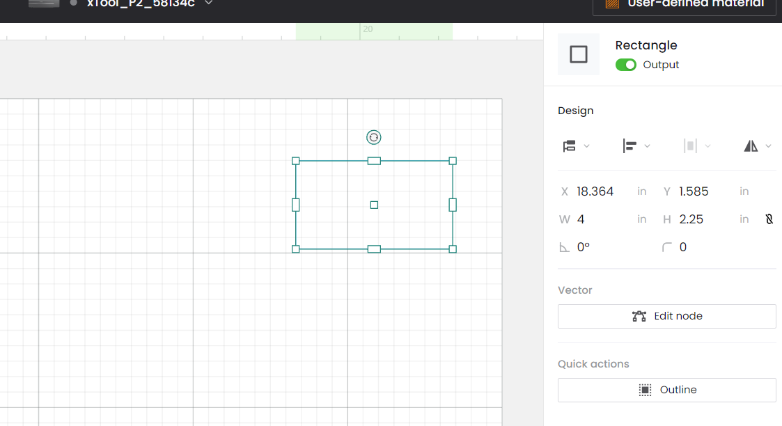 Inserting a rectangle shape into xtool Creative Space.